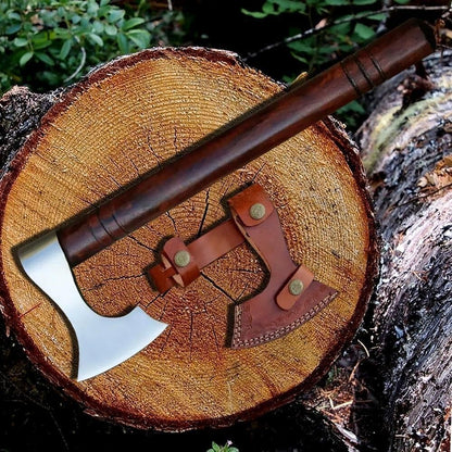 14 Inch Handmade Viking Hatchet – Forged Carbon Steel Axe with Rosewood Handle and Leather Sheath