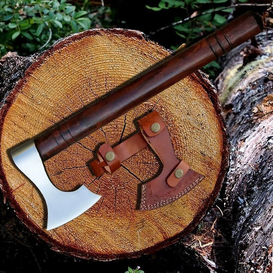 14 Inch Handmade Viking Hatchet – Forged Carbon Steel Axe with Rosewood Handle and Leather Sheath