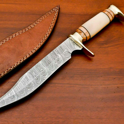 14" Large Damascus Steel Bowie Knife – Olive Wood & Camel Bone Handle with Leather Sheath