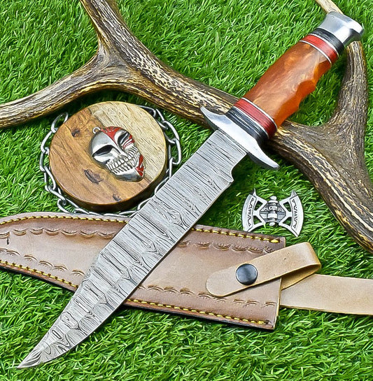 14" Premium Damascus Bowie Knife – Camel Bone & Resin Handle with Leather Sheath