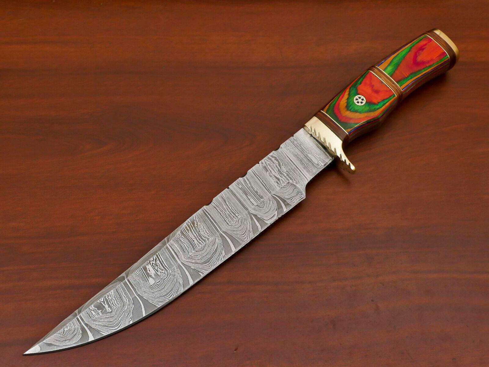 14" Premium Damascus Bowie Knife Damascus Steel Knife With Pakka Wood Handle & Brass Guard