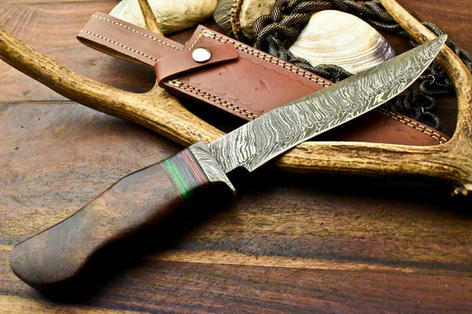 14" Premium Damascus Steel Knife Damascus Bowie Knife With Walnut Wood Handle & Sheath