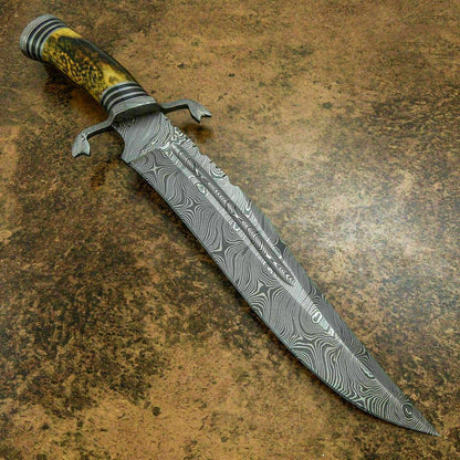 14" Premium Damascus Steel Knife Damascus Bowie Knife with Stag Horn Handle & Sheath