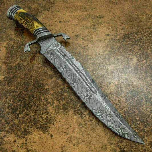 14" Premium Damascus Steel Knife Damascus Bowie Knife with Stag Horn Handle & Sheath