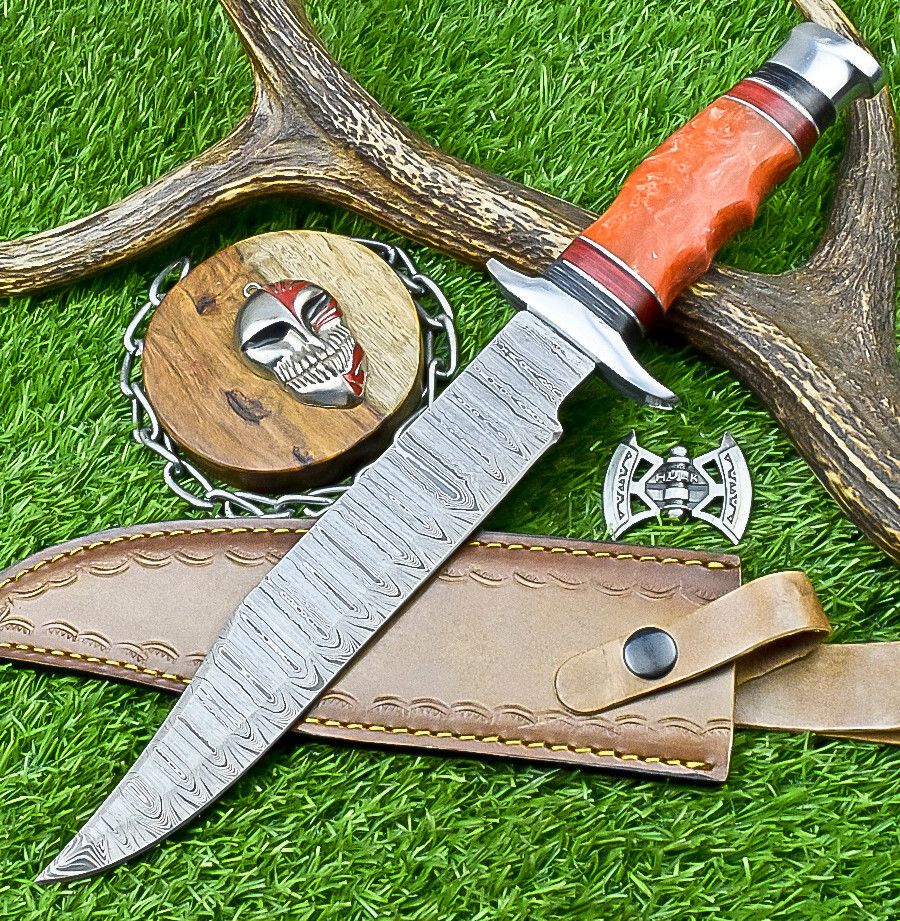 14" Premium Handmade Damascus Bowie Knife – Camel Bone & Resin Handle with Leather Sheath
