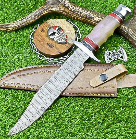 14" Premium Handmade Damascus Steel Bowie Knife – Outdoor Hunting Knife with Leather Sheath
