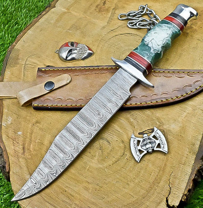 14" Premium Handmade Damascus Steel Bowie Knife – Resin Handle & Leather Sheath