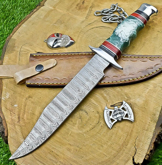 14" Premium Handmade Damascus Steel Bowie Knife – Resin Handle & Leather Sheath