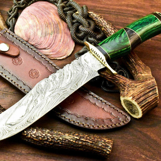 14" Rare Handmade Damascus Bowie Hunting Knife | Hard Wood Handle