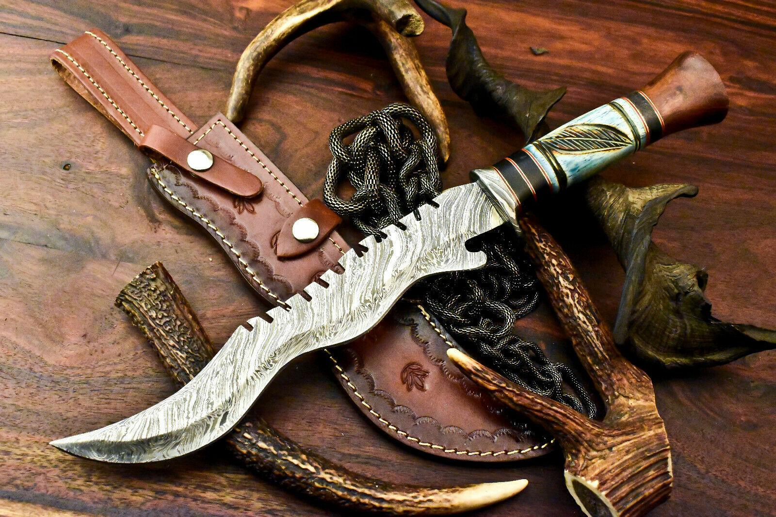 15.0" Hand Forged Damascus Bowie Knife Damascus Steel Knife with Bone Handle & Sheath