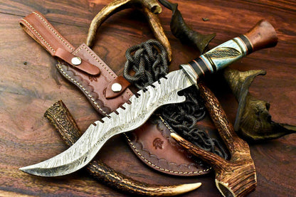 15.0" Hand Forged Damascus Bowie Knife Damascus Steel Knife with Bone Handle & Sheath