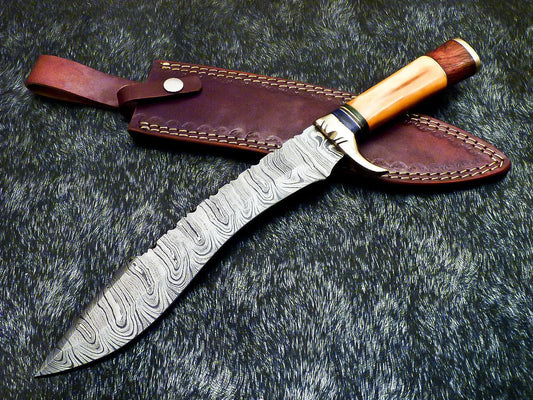 15.0" Hand Forged Damascus Bowie Knife Damascus Steel Knife with Camel Bone Handle