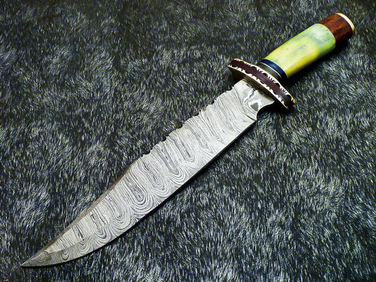 15.0" Hand Forged Damascus Bowie Knife Damascus Steel Knife with Stained Camel Bone Handle