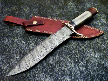 15.0" Hand Forged Damascus Bowie Knife Damascus Steel With Camel Bone & Wood Handle