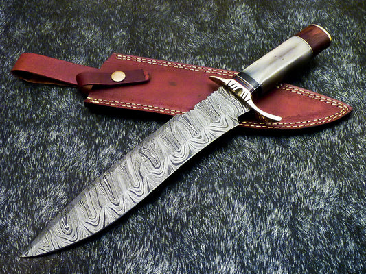 15.0" Hand Forged Damascus Bowie Knife Damascus Steel With Camel Bone & Wood Handle
