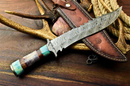 15.0" Handmade Damascus Bowie Knife Damascus Steel Knife With Camel Bone Handle & Sheath