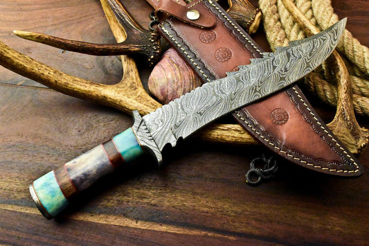 15.0" Handmade Damascus Bowie Knife Damascus Steel Knife With Camel Bone Handle & Sheath