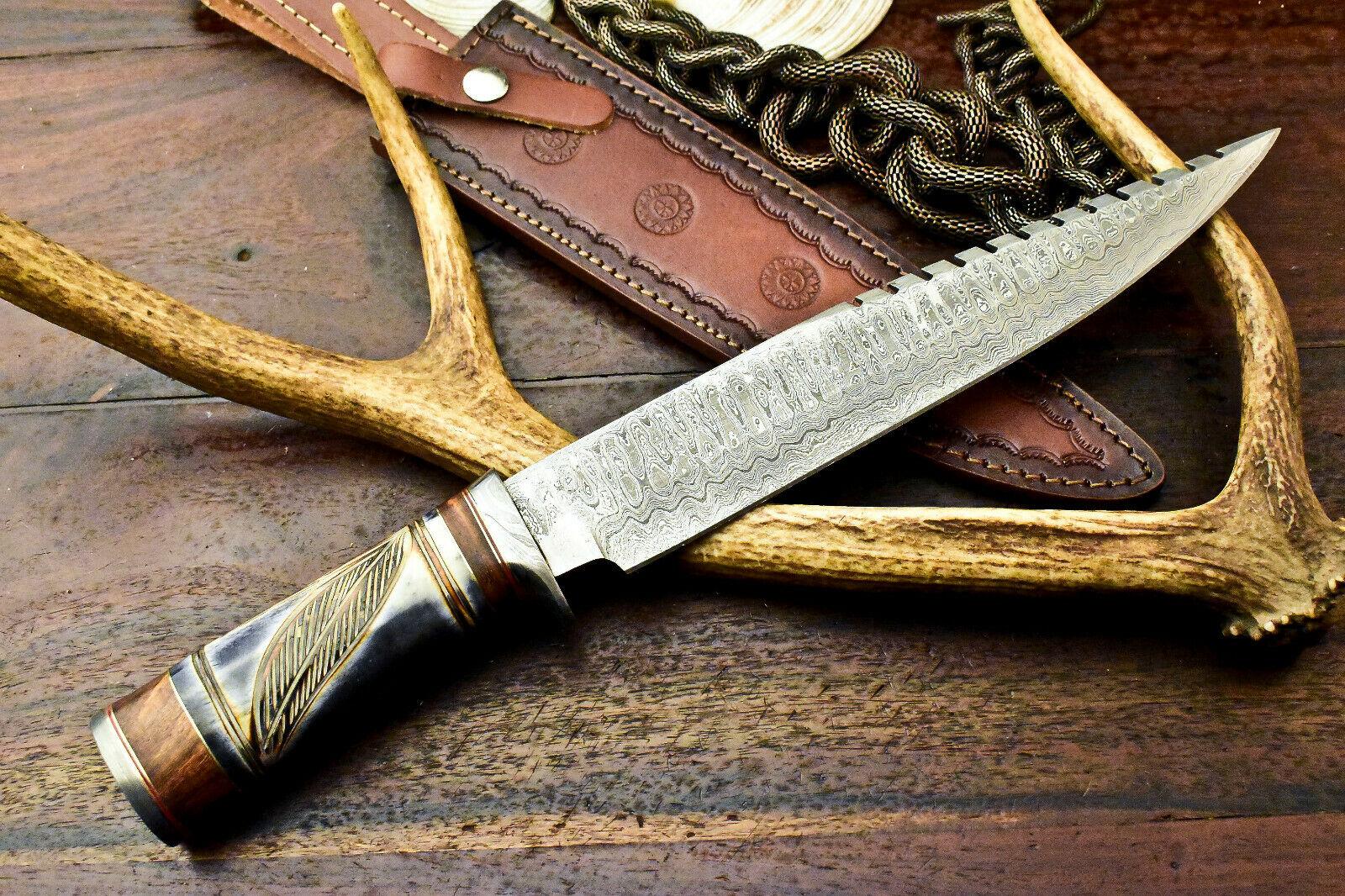 15.0" Handmade Damascus Bowie Knife Damascus Steel Knife With Engraved Camel Bone Handle 