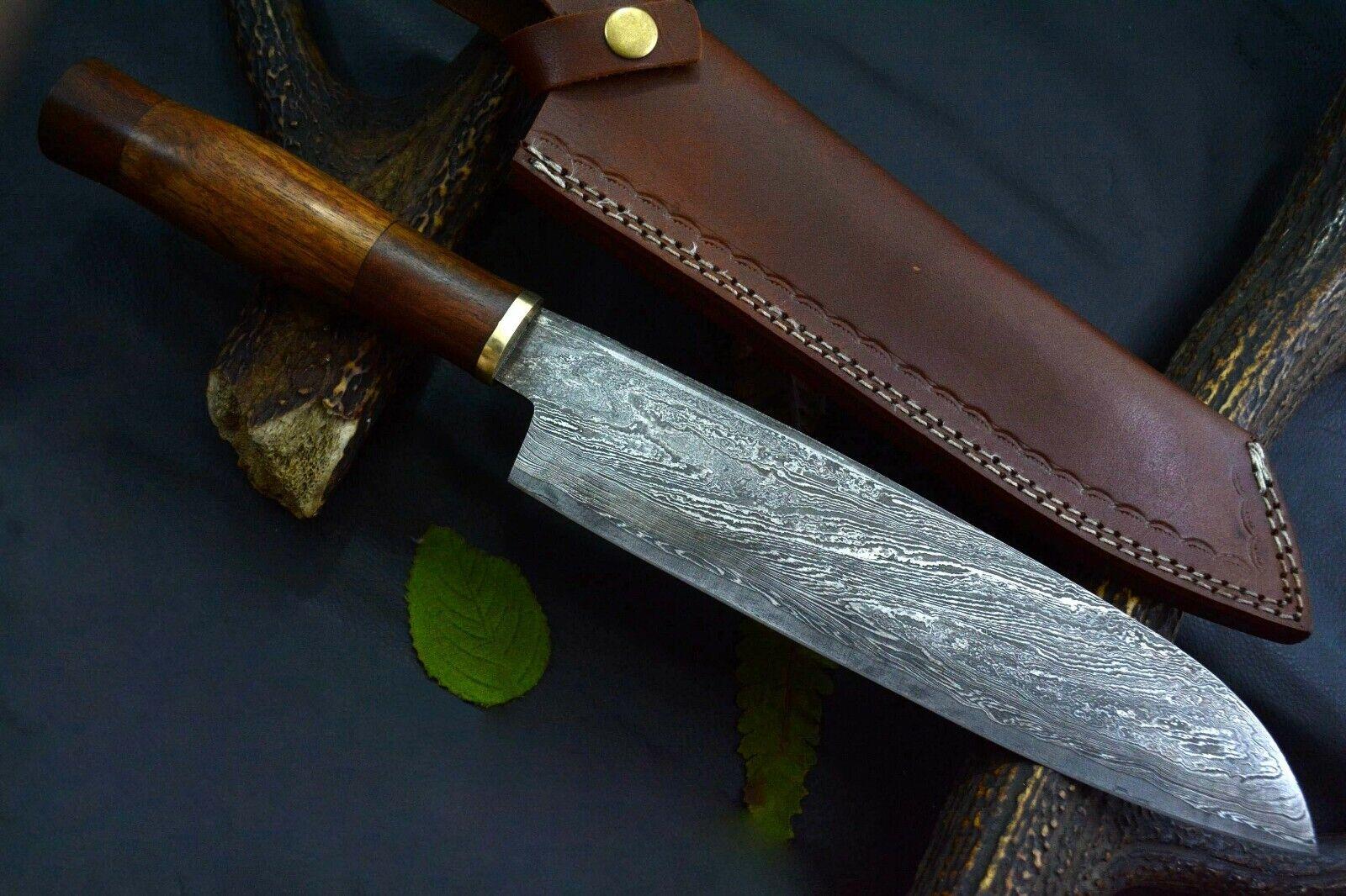 15.3" Custom San Mai Damascus Steel Chef Knife | Handmade Walnut Handle with Leather Sheath