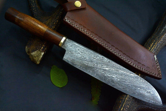 15.3" Custom San Mai Damascus Steel Chef Knife | Handmade Walnut Handle with Leather Sheath
