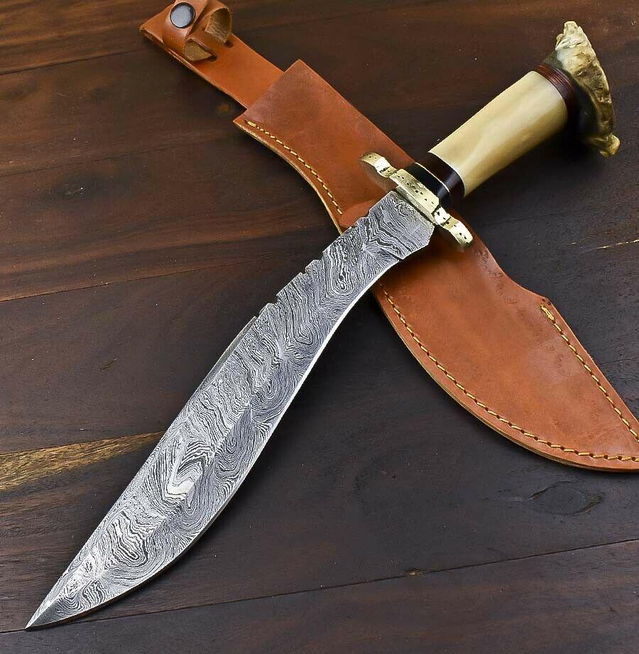15.3" Damascus Bowie Knife Damascus Steel Knife with Crown Antler Handle & Leather Sheath
