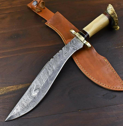 15.3" Damascus Bowie Knife Damascus Steel Knife with Crown Antler Handle & Leather Sheath