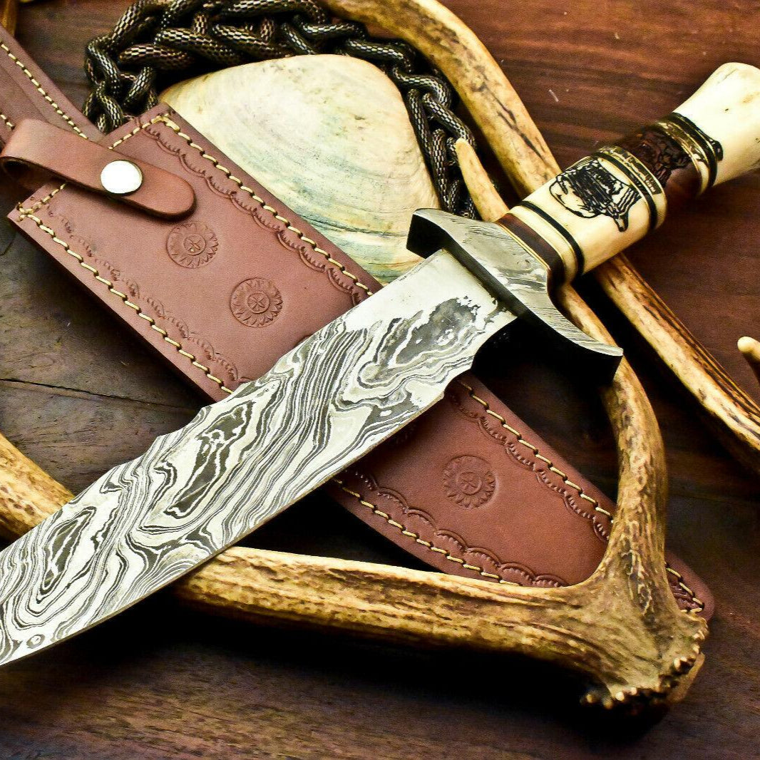 15.5" Custom Damascus Bowie Knife | Laser Etched Blade & Farms Camel Bone Handle