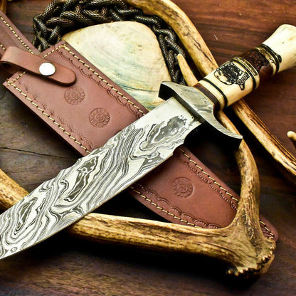 15.5" Custom Damascus Bowie Knife | Laser Etched Blade & Farms Camel Bone Handle