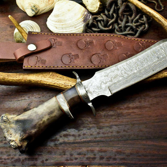 15.5" Damascus Laser Etched Bowie Knife – Camel Bone Sub-Hilt with Leather Sheath