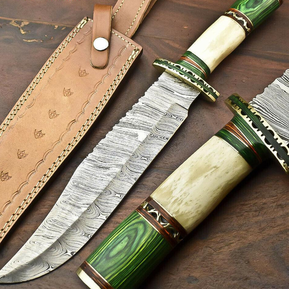 15.5” Damascus Steel Bowie Knife | Camel Bone Handle & Leather Sheath