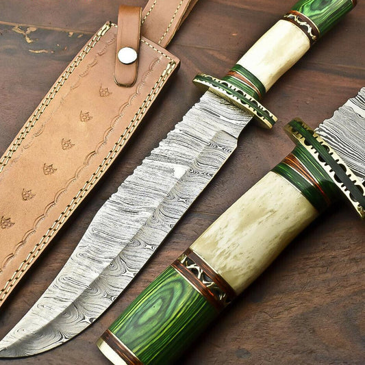 15.5” Damascus Steel Bowie Knife | Camel Bone Handle & Leather Sheath