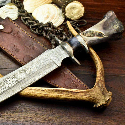 15.5" Damascus Steel Bowie Knife – Engraved Camel Bone Handle with Leather Sheath