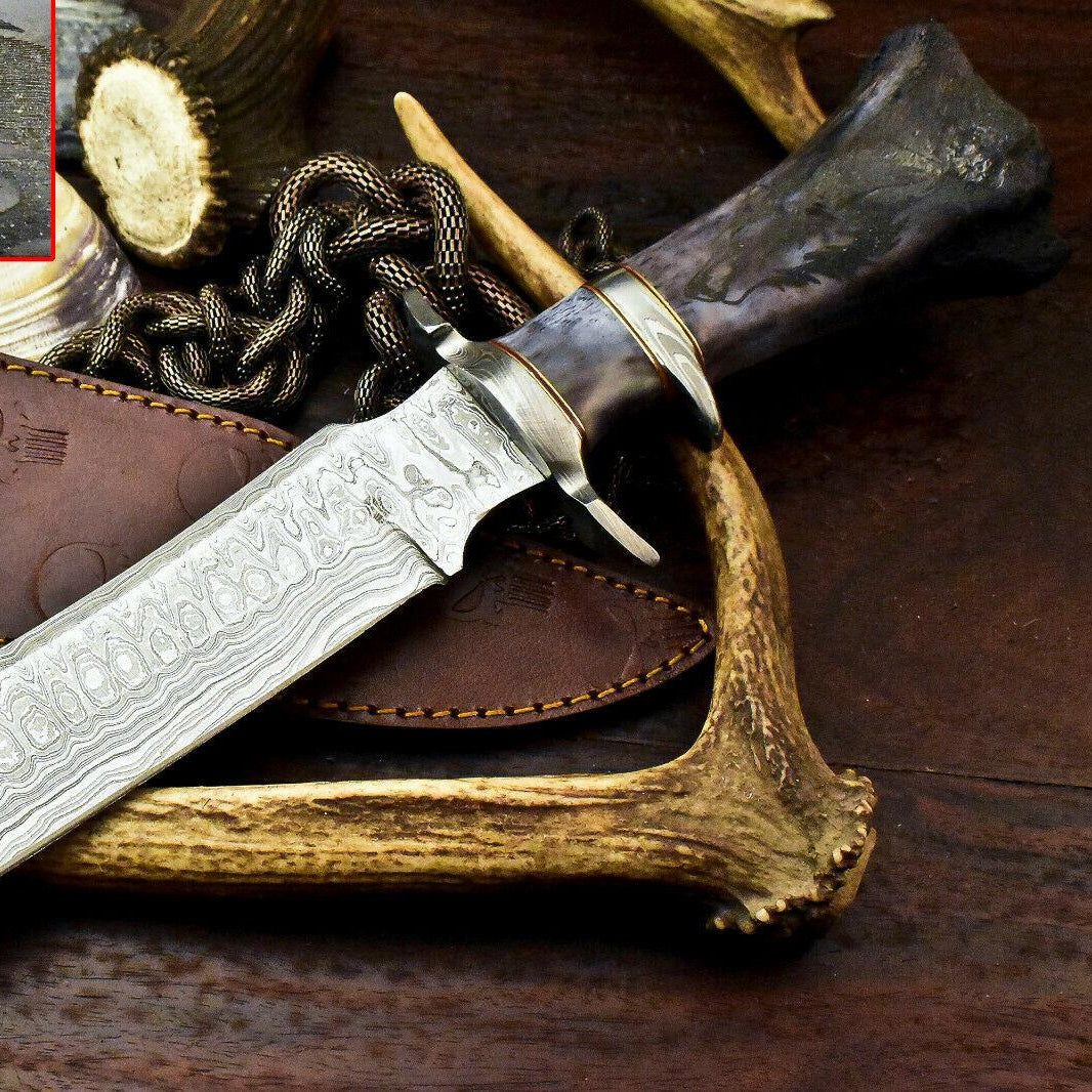 15.5" Damascus Steel Bowie Knife – Laser Etched Blade with Stained Camel Bone Handle