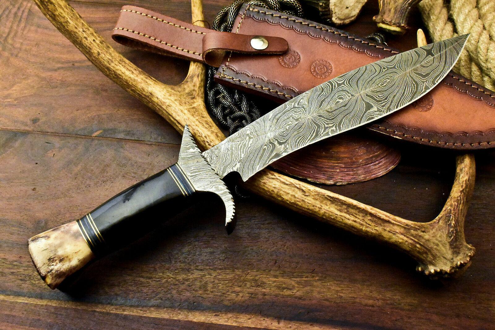 15.5" Hand Forged Bowie Damascus Steel Knife with Bull Horn Handle & Leather Sheath