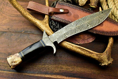 15.5" Hand Forged Bowie Damascus Steel Knife with Bull Horn Handle & Leather Sheath