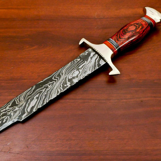 15.5" Hand Forged Damascus Bowie Hunting Knife | Hard Wood Handle