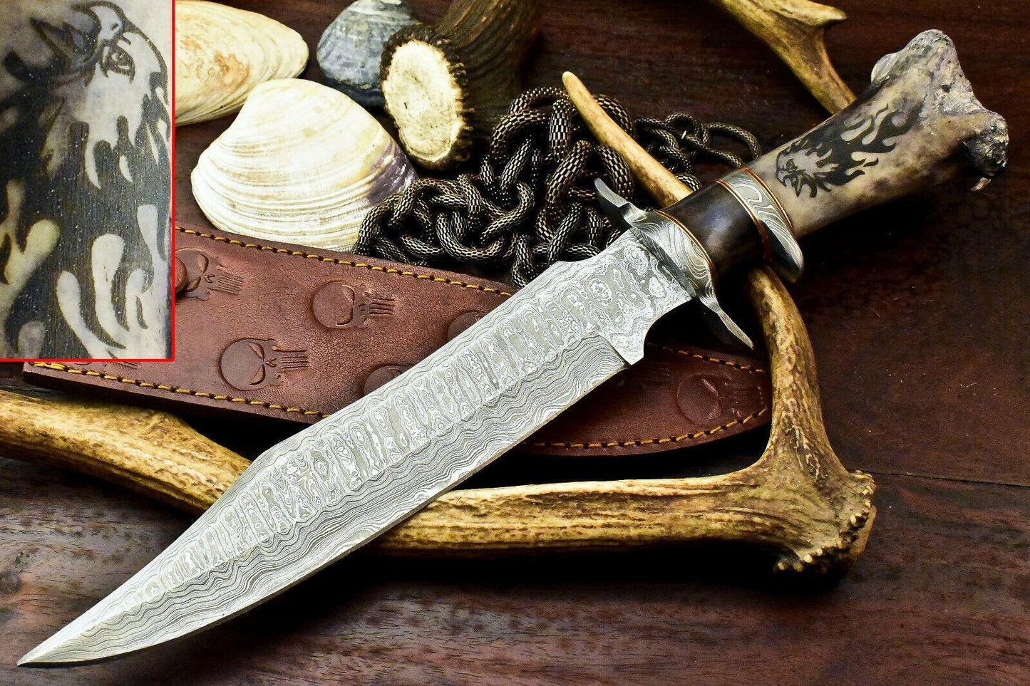 15.5" Hand Forged Damascus Bowie Knife Damascus Steel Knife With Camel Bone Handle 