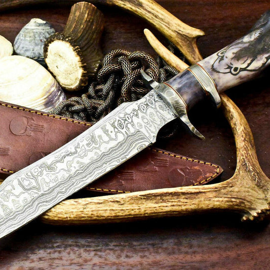 15.5" Handmade Damascus Bowie Knife – Camel Bone Sub-Hilt Handle & Leather Sheath