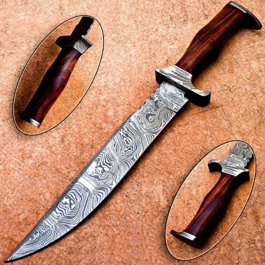 15.5" Handmade Damascus Bowie Knife – Hardwood Handle & Damascus Bolster