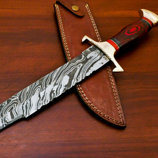  15.5" Handmade Damascus Bowie Knife | Pakka Wood Handle