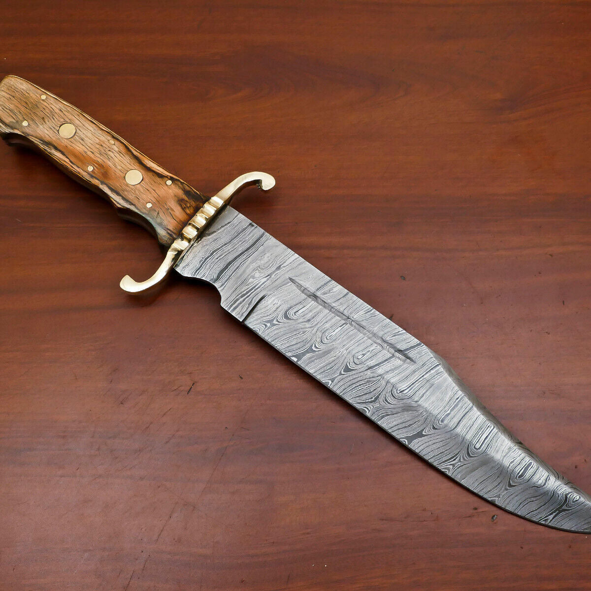 15.5" Handmade Damascus Clip Point Bowie Knife with Brass Guard & Pakka Wood Handle