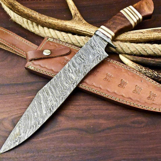 15.5" Handmade Damascus Steel Bowie Knife – Walnut Wood Handle Hunting Knife