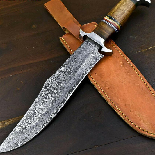  15.5" Handmade Damascus Steel Bowie Knife with Walnut Wood Handle