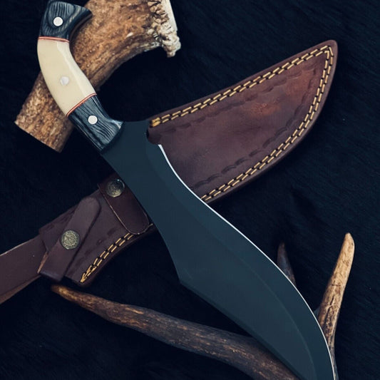 15.5 Inch D2 Steel Bowie Hunting Knife with Camel Bone and Wood Handle