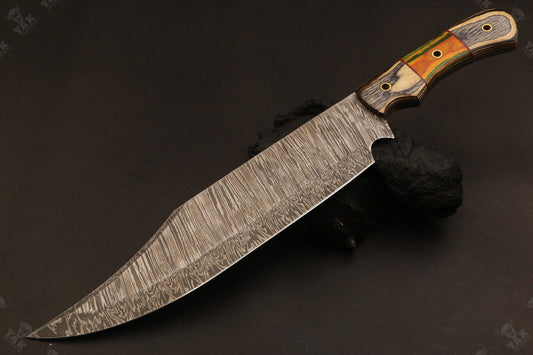 15.5 Inch Hand Forged Fire Damascus Steel Bowie Knife with Camel Bone and Wood Handle by Heritage Forge