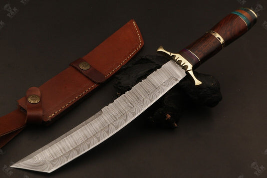 15.5 Inch Handmade Fire Damascus Steel Bowie Knife with Camel Bone Handle by Heritage Forge
