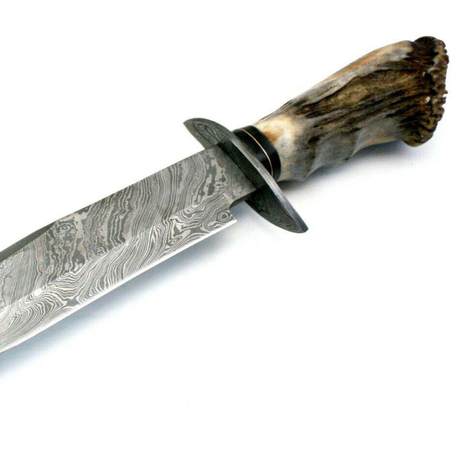 15.6" Damascus Steel Bowie Knife – Stag Horn Handle with Leather Sheath