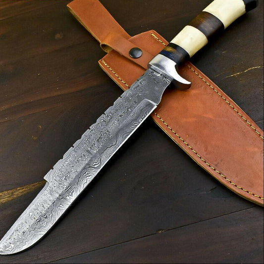 15.6" Handmade Damascus Steel Bowie Knife – Camel Bone Handle