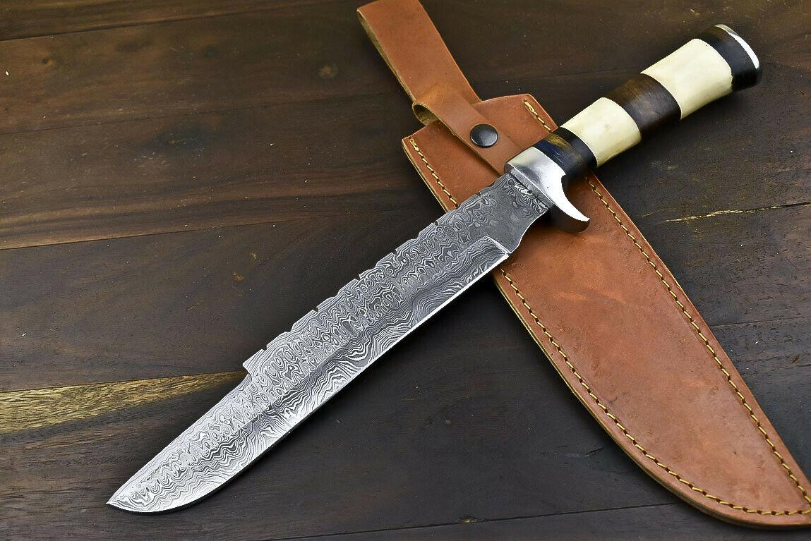 15.6" Handmade Damascus Steel Knife Traditional Bowie Knife with Camel Bone Handle