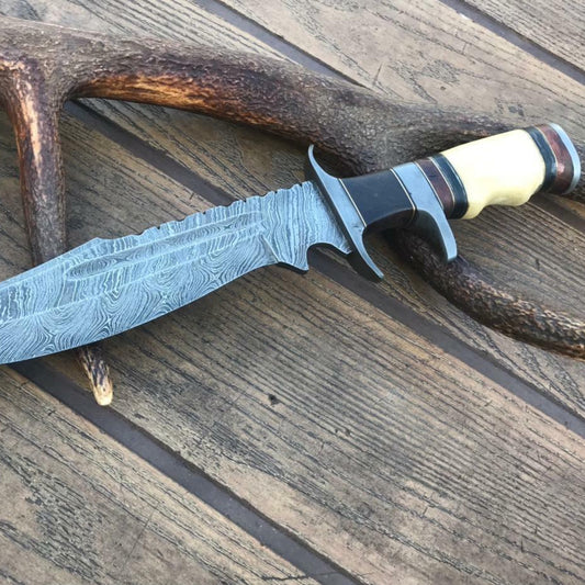 15" Big Brother Damascus Bowie Knife – Rosewood & Bone Handle with Leather Sheath